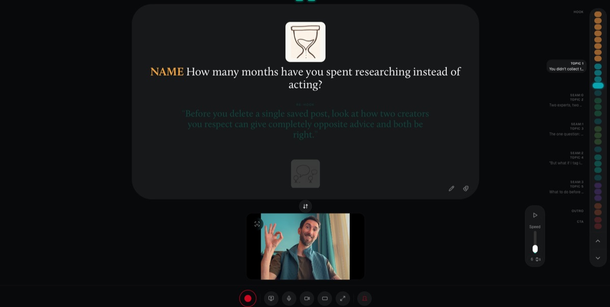 Volume recording view — teleprompter, AI coach and retakes in the browser